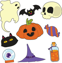 Happy Halloween set of elements, ghost, pumpkin, bat and cat. Vector is cute illustration in hand drawn style