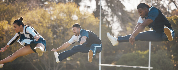 Cheerleader team, air jump and people training for university sports competition, dance or outdoor...