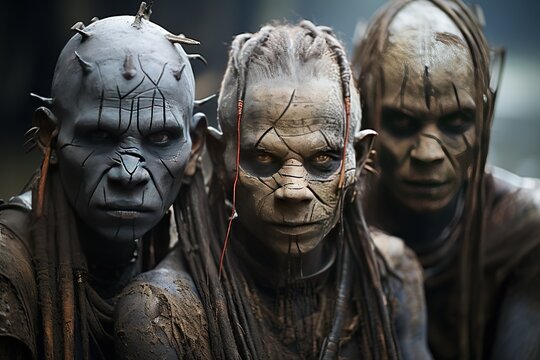 Asaro Mudmen: The Asaro tribe wearing masks made of mud,Generated with AI