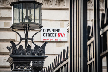 LONDON- SEPTEMBER, 18, 2023: Downing Street sign, location of 10 Downing Street, official residence...
