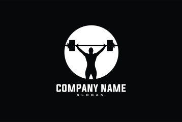 Abstract graphic illustration with silhouettes of man with barbell as a design for logo, banner or poster for bodybuilding or fitness club. Isolated on black background.
