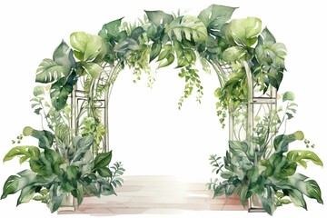 Hand-drawn watercolor wedding arch adorned with lush green foliage. Generative AI