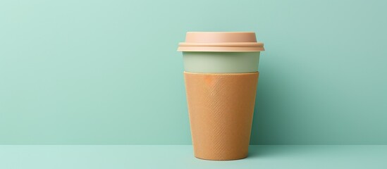 Eco friendly bamboo cup for coffee to go on mint background Space for text Top down view BYOC concept Zero waste sustainable mock up
