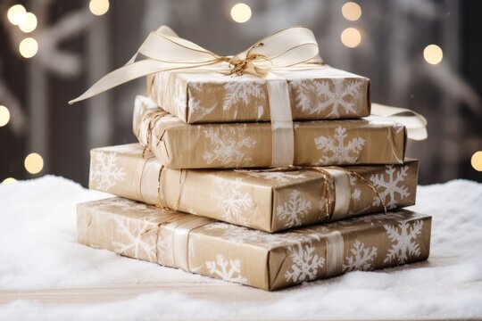 Stack Of Wrapped Packages In Snowflake Wrapping