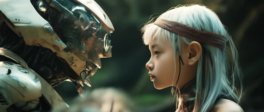 CU portrait of futuristic little girl looking at robot. Futuristic concept. Anamorphic 4k footage