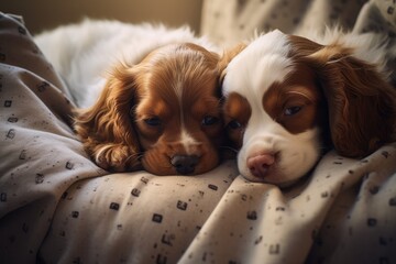 Two cute puppies sleep together under a blanket on bed at home. Cavalier king charles spaniel breed. Beautiful little dogs. Pets sleeping. Love, Valentines day concept