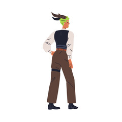 Horned man. Sexy elegant devil character. Happy horny demon, sassy seductive lucifer guy in stylish Halloween costume, vest, shirt and trousers. Flat vector illustration isolated on white background