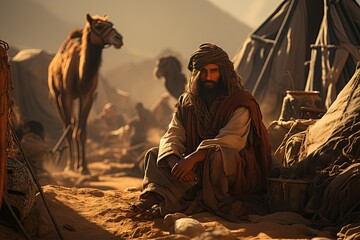 Bedouin people and their nomadic way of life in the desert, with tents, camels, and traditional clothing.Generated with AI - obrazy, fototapety, plakaty