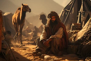 Selbstklebende Fototapeten Bedouin people and their nomadic way of life in the desert, with tents, camels, and traditional clothing.Generated with AI © Chanwit