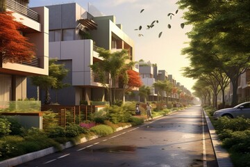 Fototapeta na wymiar Vibrant urban homes amidst lush green surroundings. Generative AI