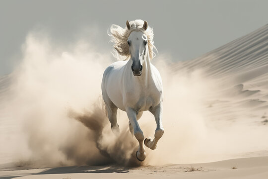 Magnificent white good footed horse is running in the desert in a hot daytime, Generative AI.