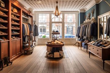 High street retail, small business and commercial interior, fashion store in the English countryside style, elegant country clothing shop showroom and luxurious boutique in the old town, generative ai