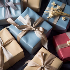 Holiday gifts and presents, blue gift boxes as surprise present for baby shower, birthday, Christmas, boxing day, wedding and holidays shopping, generative ai