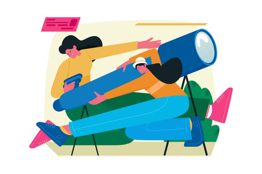 Woman with Binoculars Embracing the Future Vector Illustration