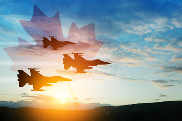 Air Force Day. Aircraft silhouettes on background of sunset with a transparent Canadian flag. Since...