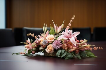 decorative floral centerpiece on a conference table - obrazy, fototapety, plakaty