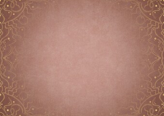 Pale pink textured paper with vignette of golden hand-drawn pattern on a darker background color. Copy space. Digital artwork, A4. (pattern: p07-2a)