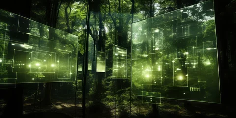 Foto auf Acrylglas Enter the Digital Wilderness: A Futuristic Landscape of Digital Forests Blending Nature and Technology, Where Electronic Screens Create Surreal Ecosystems of Tomorrow © Ben