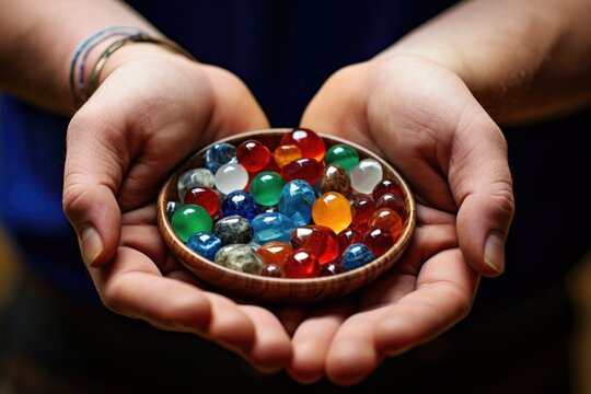 two hands holding different colored marbles near a bowl