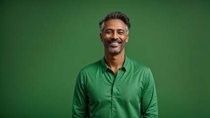 Fototapeta premium Genuine Happiness Captured: Mid Age Man Smiling in Front of Green Screen - Ideal for Virtual Events & Corporate Videos