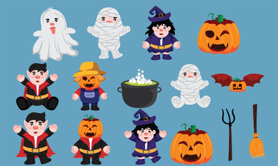 Set of Happy halloween trick or treat cute cartoon. - 653765634