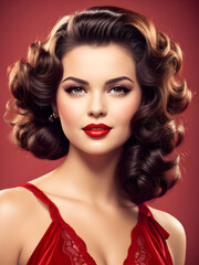 Fototapeta premium young woman wearing old fashion retro style dress with red theme