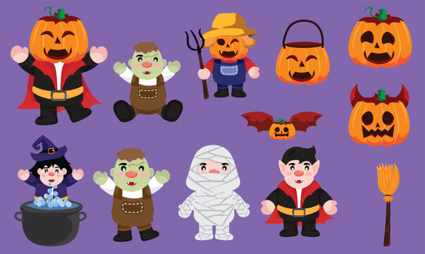 Set of Happy halloween trick or treat cute cartoon.