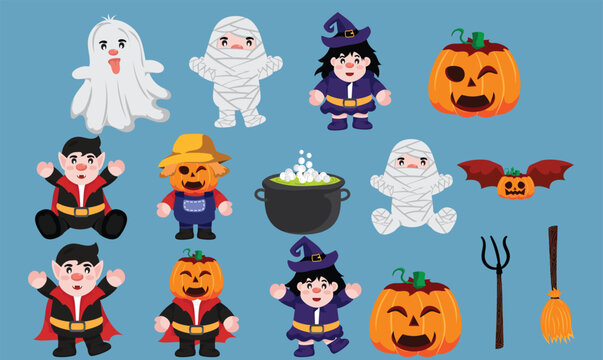 Set of Happy halloween trick or treat cute cartoon.