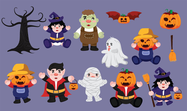 Set of Happy halloween trick or treat cute cartoon.