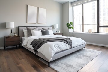 an uncluttered bedroom with a king-size bed - obrazy, fototapety, plakaty