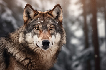 Obraz premium The portrait of a lonely alpha gray wolf or Canis Lupus standing and gazing in the snowy night of the winter forest, Generative AI.