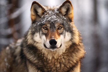 The portrait of a lonely alpha gray wolf or Canis Lupus standing and gazing in the snowy night of the winter forest, Generative AI.