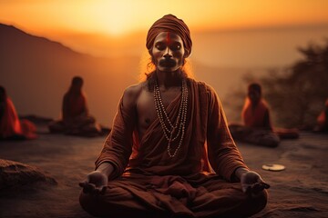 Indian yogi in meditation, spiritual connection amidst the tranquil beauty of India.Generated with AI - obrazy, fototapety, plakaty