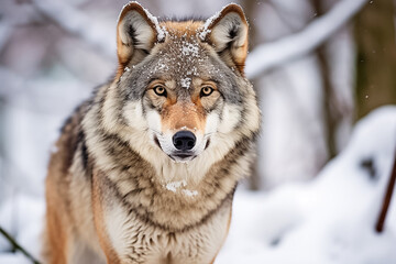 Fototapeta premium The portrait of a lonely alpha gray wolf or Canis Lupus standing and gazing in the snowy night of the winter forest, Generative AI.