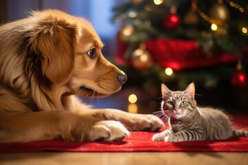 Fototapeta na wymiar pet paw touching a decorated gift under a christmas tree