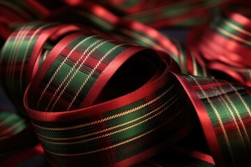 close-up of traditional red and green plaid christmas ribbon