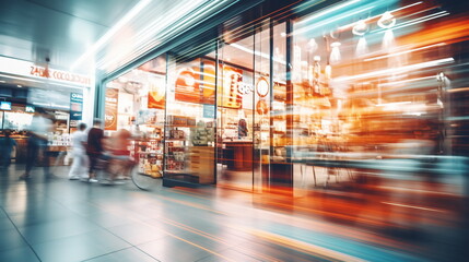 Motion blur background of a shopping center with window shops and glass