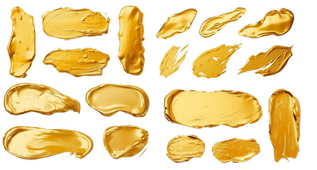 Creative brushstrokes of gold paint isolated on a white background. Gold paint texture. - obrazy, fototapety, plakaty