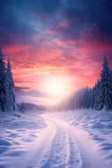  Winter night landscape. Forest, trees and road covered snow. Winterly evening with first stars. Purple landscape with sunset. Happy New Year and Christmas concept © ratatosk