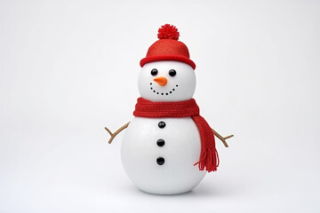 Fototapeta premium Snowman with hat and scarf isolated on white background, Snowman under the snowfall, doll of snowman in the forest
