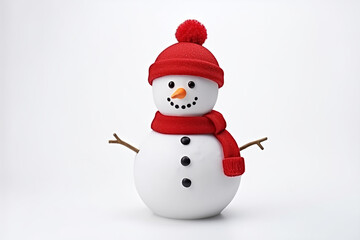Fototapeta premium Snowman with hat and scarf isolated on white background, Snowman under the snowfall, doll of snowman in the forest