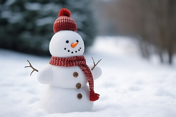 Snowman with hat and scarf isolated on white background, Snowman under the snowfall, doll of snowman in the forest