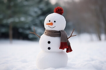Snowman with hat and scarf isolated on white background, Snowman under the snowfall, doll of snowman in the forest