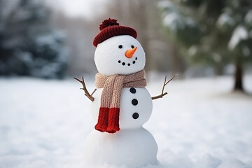 Snowman with hat and scarf isolated on white background, Snowman under the snowfall, doll of snowman in the forest