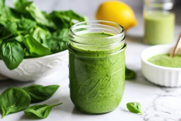 green smoothie in a jar with mint leaves and straws nearby - obrazy, fototapety, plakaty