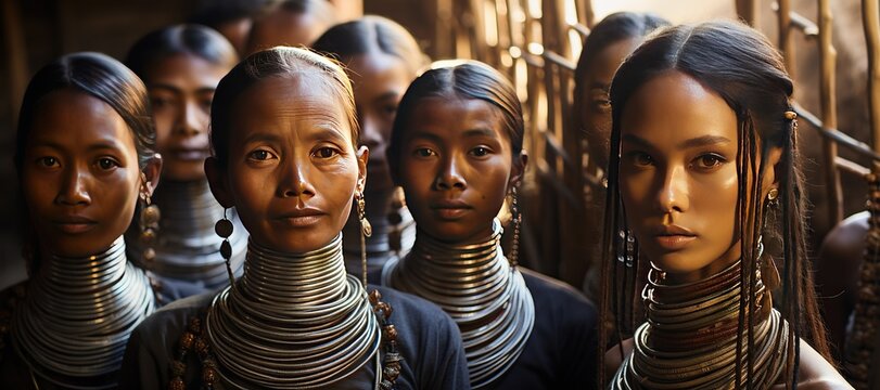 Long-necked Kayan woman wearing traditional brass neck rings in a village in Myanmar,Generated with AI