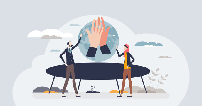 Global business etiquette for international business tiny person concept. Deal and agreement finishing with handshake and friendly communication vector illustration. Diverse culture and ethnicity.