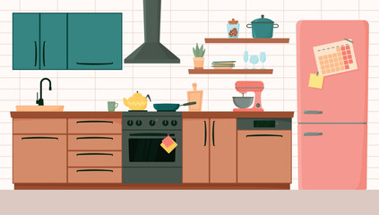 Kitchen interior with furniture and appliances front view. Home cooking room with kitchen cabinets, fridge, stove, extractor hood and kitchenware in flat style