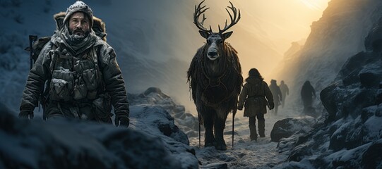 Sami people herding reindeer in a snowy, traditional nomadic way of life,Generated with AI - obrazy, fototapety, plakaty