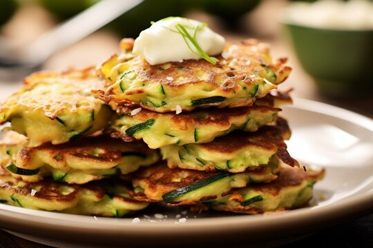 An image of zucchini fritters on a plate. Generative AI